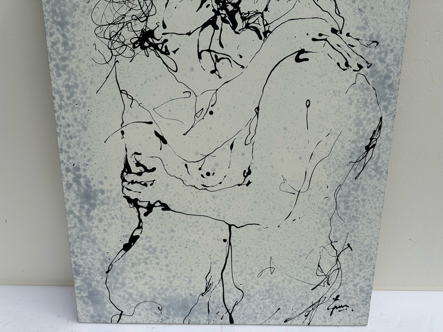 Gerrit Greve (1948-2024, Cardiff by the Sea, CA) Original Abstract B&W Nude Man Hugging Woman Drip Painting On Canvas Titled 'Holding Ritual' Signed Front 30' X 40' Retails $2,600 Estimate $1,000-$2,000 [Photo 8]