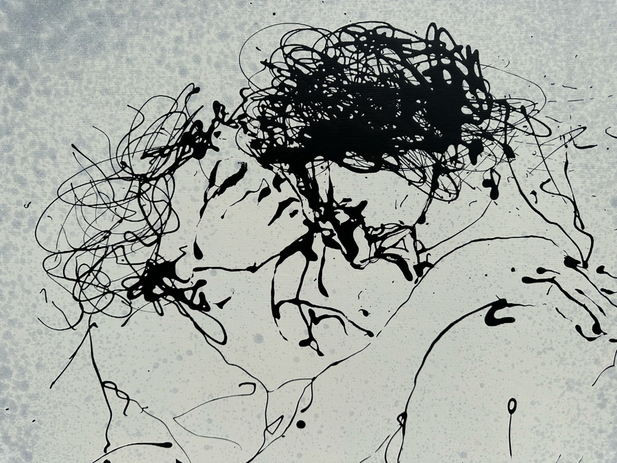 Gerrit Greve (1948-2024, Cardiff by the Sea, CA) Original Abstract B&W Nude Man Hugging Woman Drip Painting On Canvas Titled 'Holding Ritual' Signed Front 30' X 40' Retails $2,600 Estimate $1,000-$2,000 [Photo 3]