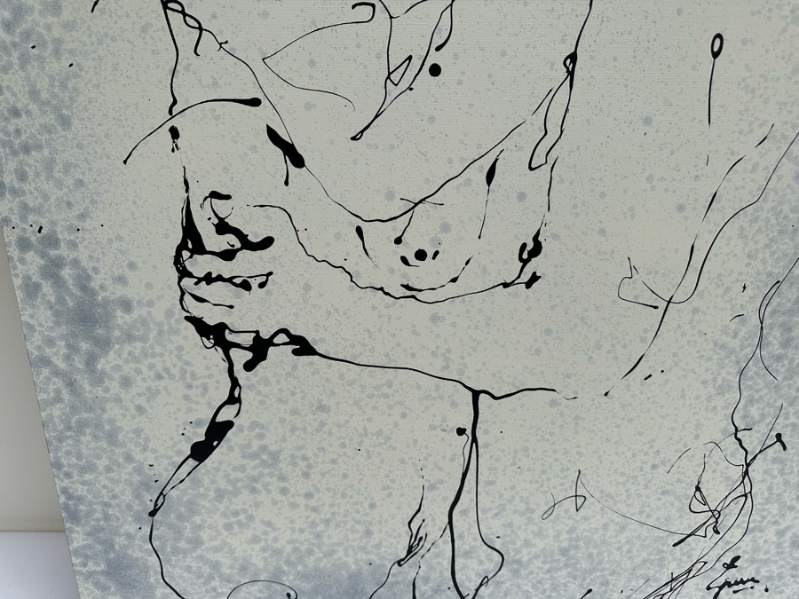 Gerrit Greve (1948-2024, Cardiff by the Sea, CA) Original Abstract B&W Nude Man Hugging Woman Drip Painting On Canvas Titled 'Holding Ritual' Signed Front 30' X 40' Retails $2,600 Estimate $1,000-$2,000 [Photo 6]