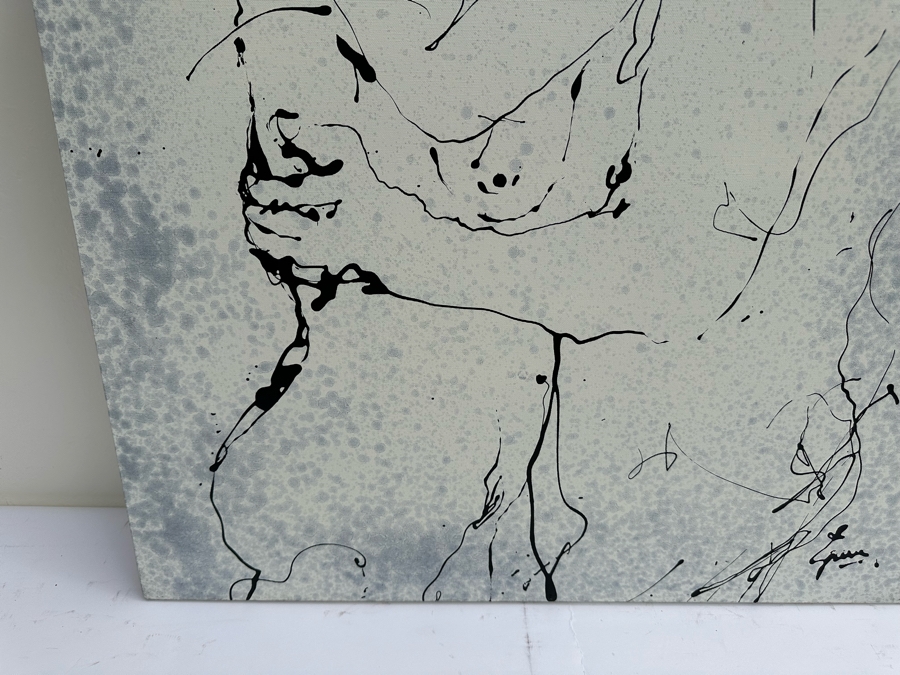Gerrit Greve (1948-2024, Cardiff by the Sea, CA) Original Abstract B&W Nude Man Hugging Woman Drip Painting On Canvas Titled 'Holding Ritual' Signed Front 30' X 40' Retails $2,600 Estimate $1,000-$2,000 [Photo 7]