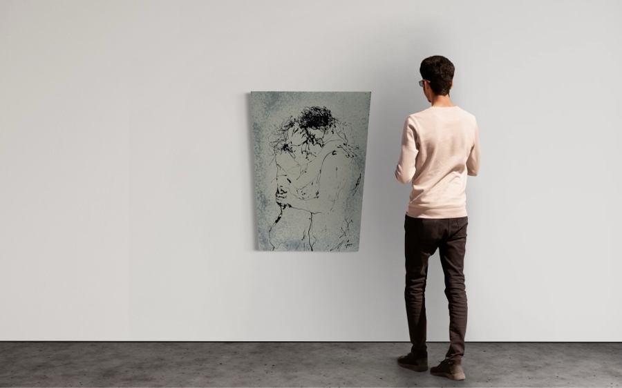 Gerrit Greve (1948-2024, Cardiff by the Sea, CA) Original Abstract B&W Nude Man Hugging Woman Drip Painting On Canvas Titled 'Holding Ritual' Signed Front 30' X 40' Retails $2,600 Estimate $1,000-$2,000 [Photo 2]