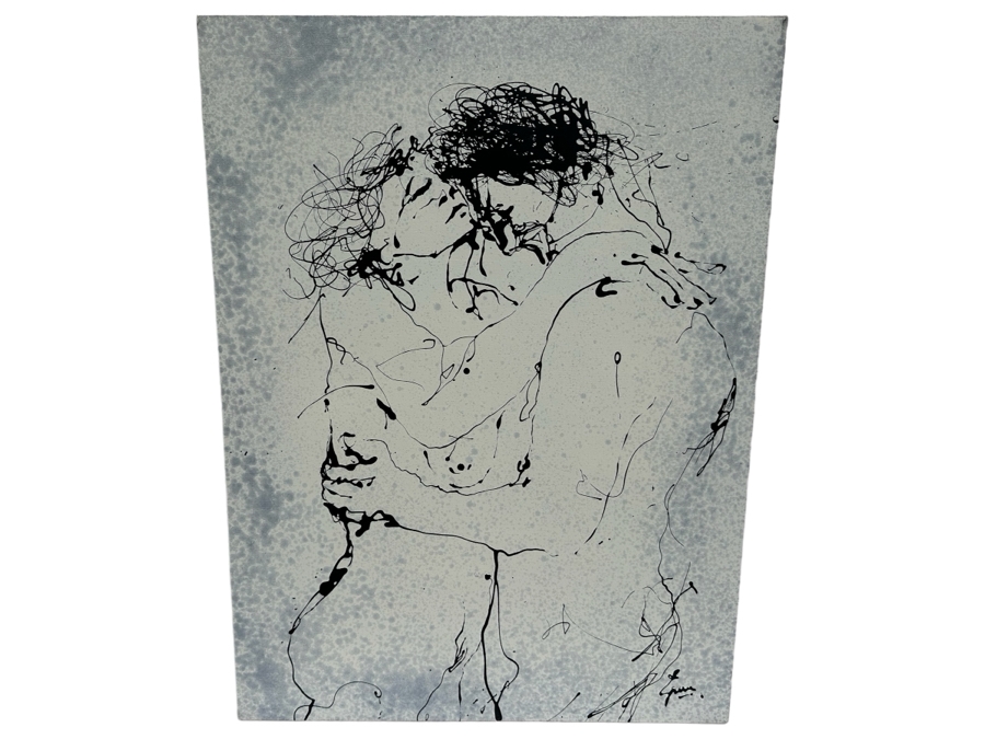 Gerrit Greve (1948-2024, Cardiff by the Sea, CA) Original Abstract B&W Nude Man Hugging Woman Drip Painting On Canvas Titled 'Holding Ritual' Signed Front 30' X 40' Retails $2,600 Estimate $1,000-$2,000 [Photo 1]
