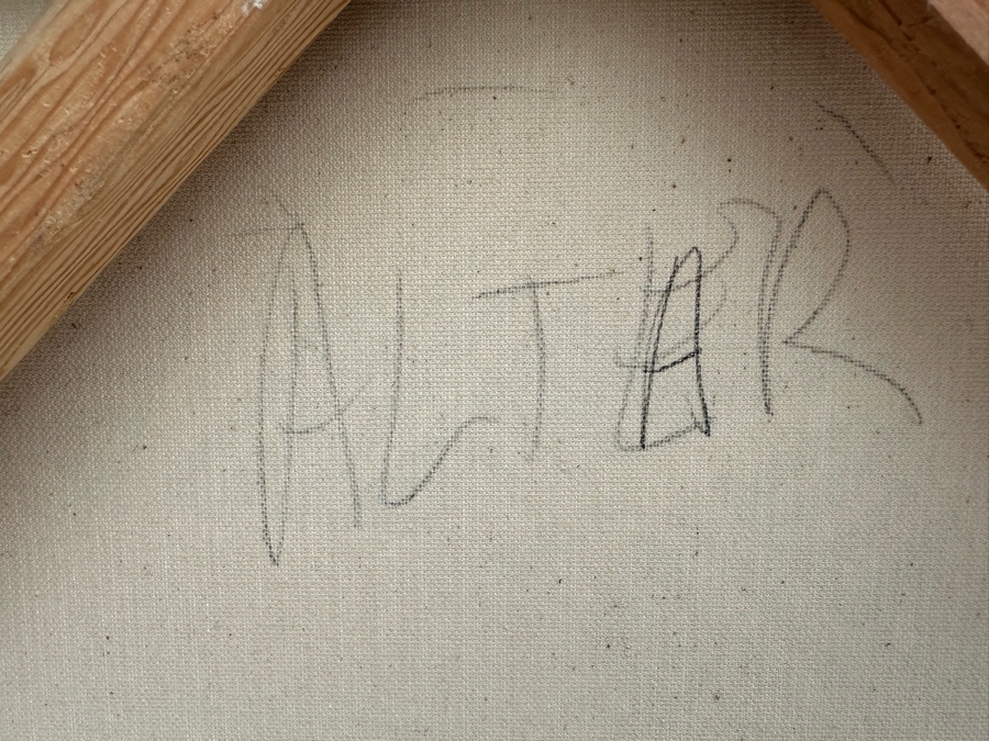 Gerrit Greve (1948-2024, Cardiff by the Sea, CA) Original Abstract Mixed Media Calligraphy Sand Acrylic Painting On Canvas Titled 'Altar' 2001 Signed Verso 36' X 36' Estimate $1,000-$2,000 [Photo 11]