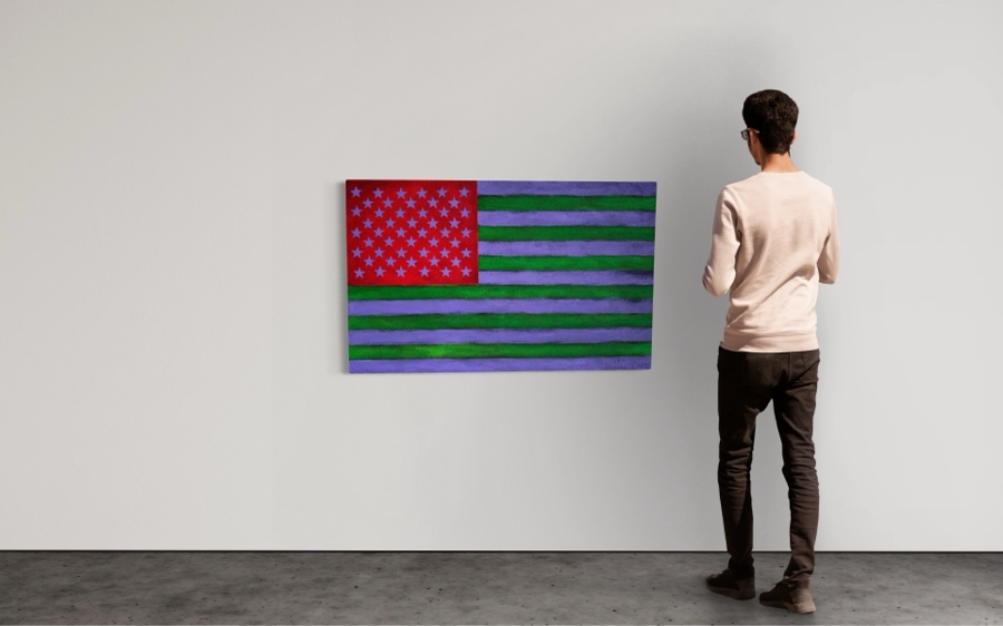 Gerrit Greve (1948-2024, Cardiff by the Sea, CA) Original Mixed Media Textured United States Flag Acrylic Painting On Canvas Titled 'Flag In New Colors' 2002 Signed Verso 4' X 30' Estimate $1,500-$3,000