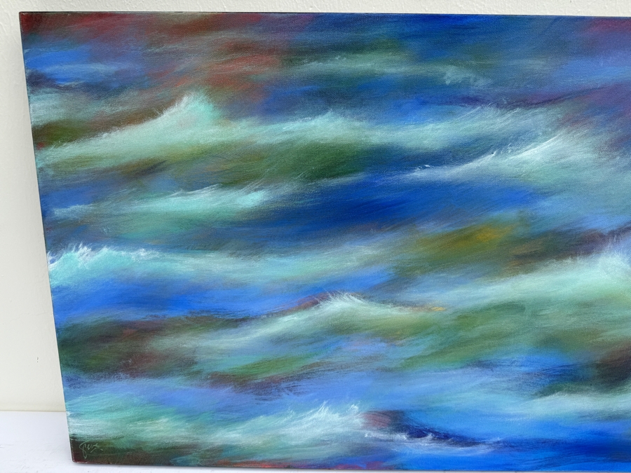 Gerrit Greve (1948-2024, Cardiff by the Sea, CA) Original Abstract Ocean Waves Acrylic Painting On Canvas Titled 'Sfumato Surf' 2019 Signed Verso 4' X 2' Estimate $1,000-$2,000 [Photo 5]