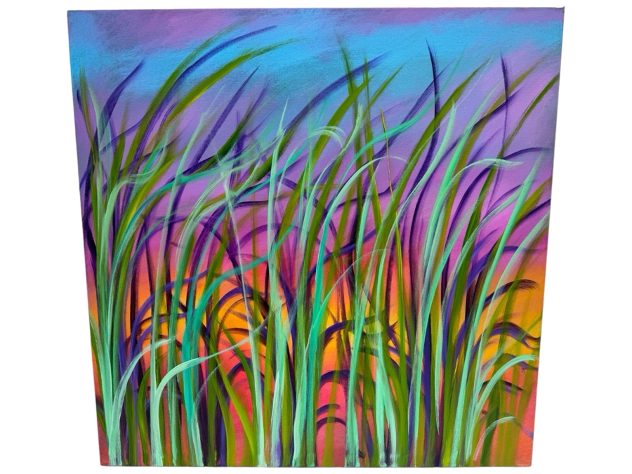 Gerrit Greve (1948-2024, Cardiff by the Sea, CA) Original Abstract Colorful Acrylic Painting On Canvas Titled 'Summer Solstice Reeds' 2019 Signed Verso 36' X 36' Estimate $1,000-$2,000