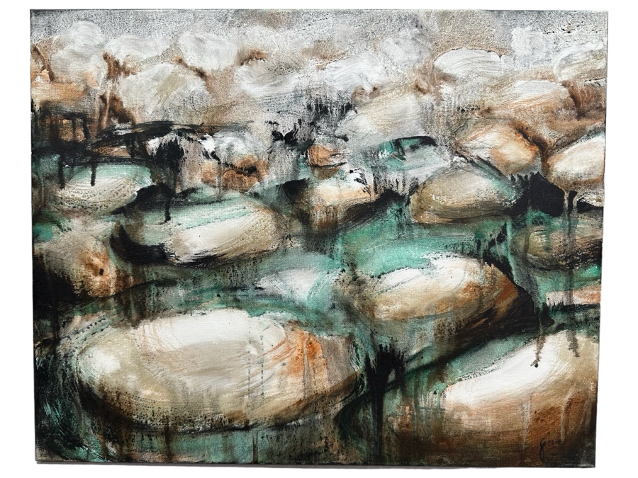 Gerrit Greve (1948-2024, Cardiff by the Sea, CA) Original Abstract Acrylic Painting On Canvas Titled 'Water Rocks 33' 2019 Signed Verso 20' X 16' Estimate $1,000-$2,000 [Photo 1]