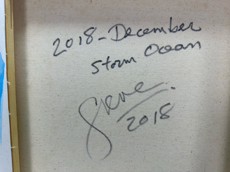 Gerrit Greve (1948-2024, Cardiff by the Sea, CA) Original Abstract Ocean Waves Acrylic Painting On Canvas Titled 'Storm Ocean' 2018 Signed Front & Verso 20' X 16' Estimate $1,000-$2,000 [Photo 6]