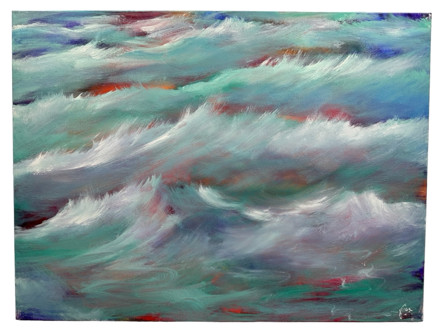 Gerrit Greve (1948-2024, Cardiff by the Sea, CA) Original Abstract Ocean Waves Acrylic Painting On Canvas Titled 'Storm Ocean' 2018 Signed Front & Verso 20' X 16' Estimate $1,000-$2,000