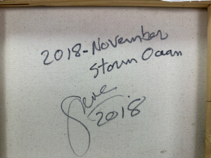 Gerrit Greve (1948-2024, Cardiff by the Sea, CA) Original Abstract Ocean Waves Acrylic Painting On Canvas Titled 'Storm Ocean' 2018 Signed Verso 20' X 16' Estimate $1,000-$2,000 [Photo 6]