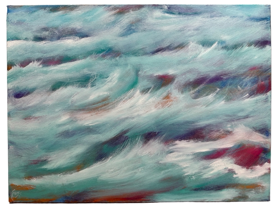 Gerrit Greve (1948-2024, Cardiff by the Sea, CA) Original Abstract Ocean Waves Acrylic Painting On Canvas Titled 'Storm Ocean' 2018 Signed Verso 20' X 16' Estimate $1,000-$2,000 [Photo 1]