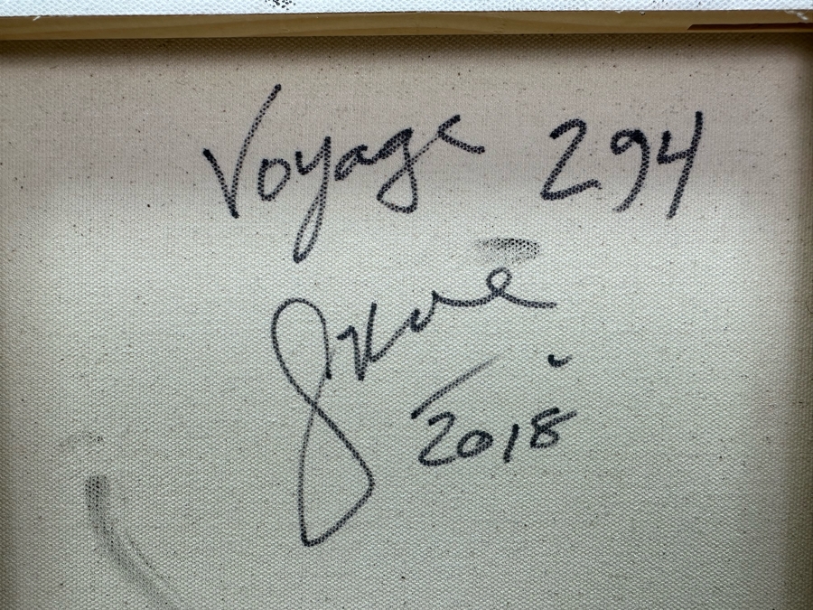 Gerrit Greve (1948-2024, Cardiff by the Sea, CA) Original Abstract Spirit Boats Acrylic Painting On Canvas Titled 'Voyage 294' 2018 Signed Verso 24' X 20' Estimate $1,000-$2,000 [Photo 6]