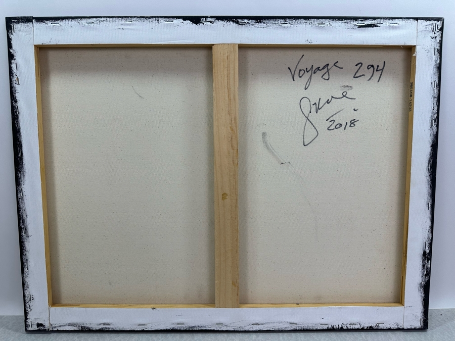 Gerrit Greve (1948-2024, Cardiff by the Sea, CA) Original Abstract Spirit Boats Acrylic Painting On Canvas Titled 'Voyage 294' 2018 Signed Verso 24' X 20' Estimate $1,000-$2,000 [Photo 5]