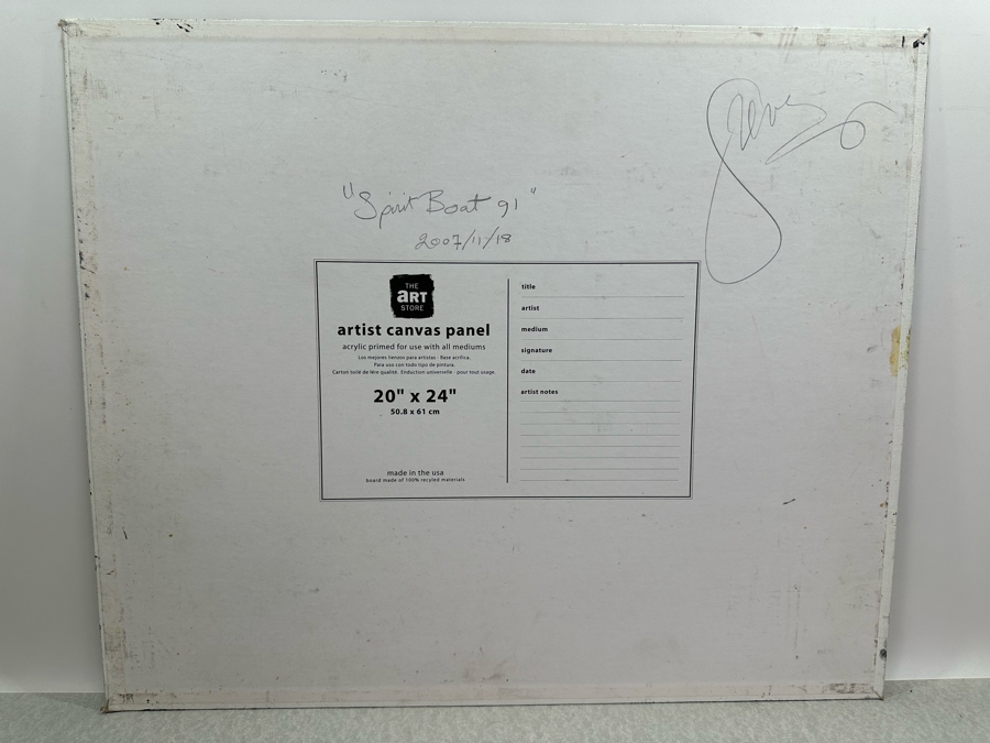 Gerrit Greve (1948-2024, Cardiff by the Sea, CA) Original Abstract Spirit Boats Acrylic Painting On Canvas Panel Titled 'Spirit Boat 91' 2007 Signed Verso 24' X 20' Estimate $1,000-$2,000 [Photo 6]