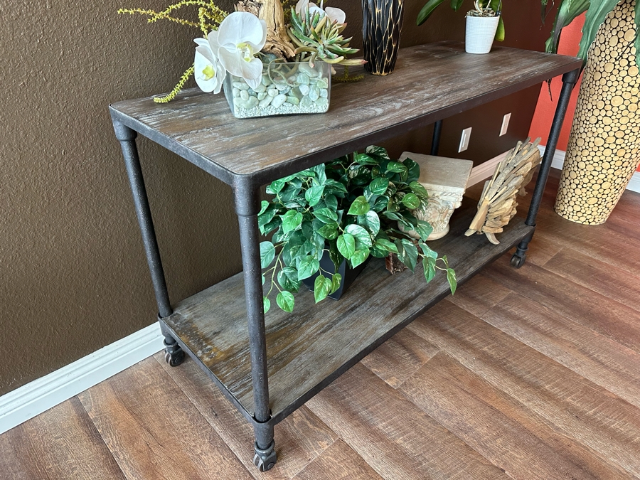 Restoration Hardware Reclaimed Wood And Metal Console Table On Casters 52'W X 20'D X 31'H [Photo 5]