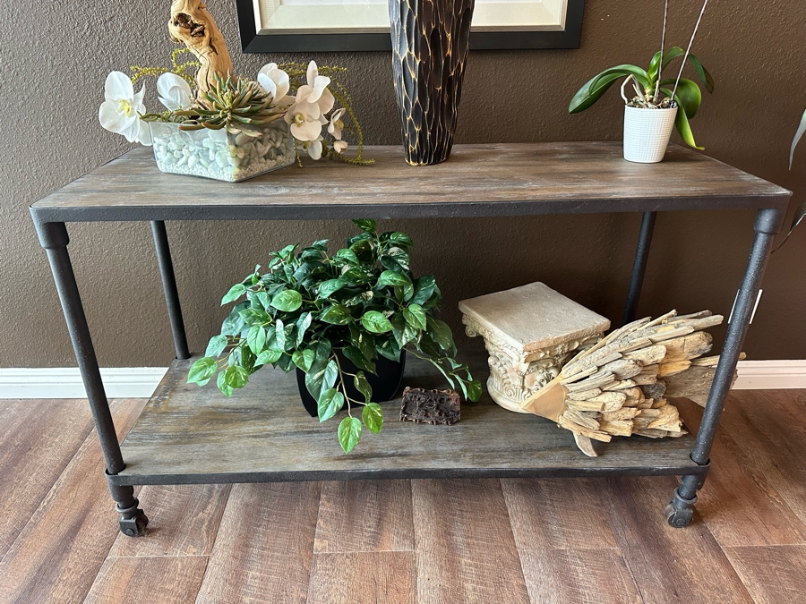 Restoration Hardware Reclaimed Wood And Metal Console Table On Casters 52'W X 20'D X 31'H [Photo 3]