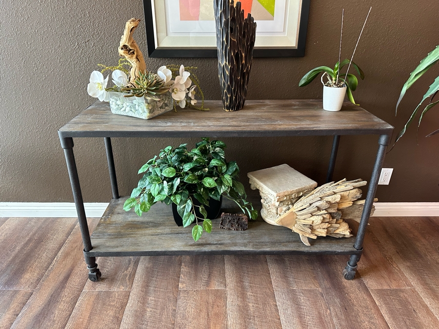 Restoration Hardware Reclaimed Wood And Metal Console Table On Casters 52'W X 20'D X 31'H [Photo 2]