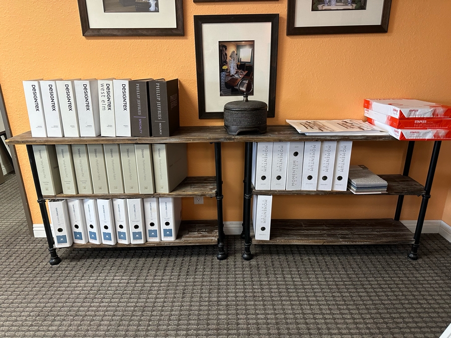 Pair Of Reclaimed Wood & Metal Console Tables Bookshelves Each Measure 48'W X 14'D X 31.5'H [Photo 1]