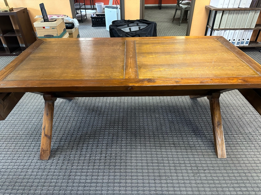 Rustic Wooden Farmhouse Cross-Legged Dining Table With Drop Leaves 78'W X 39'D X 31'H Each Leaf Is 9.75'W [Photo 1]