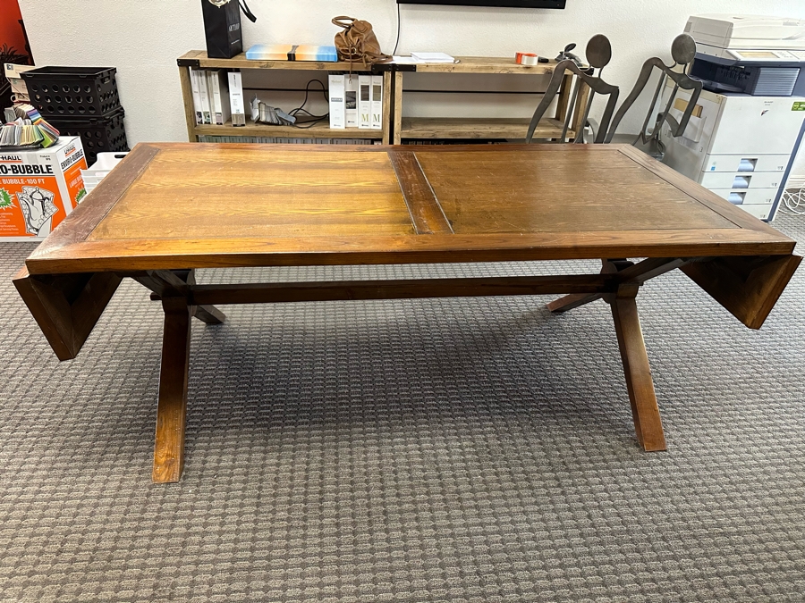 Rustic Wooden Farmhouse Cross-Legged Dining Table With Drop Leaves 78'W X 39'D X 31'H Each Leaf Is 9.75'W [Photo 2]