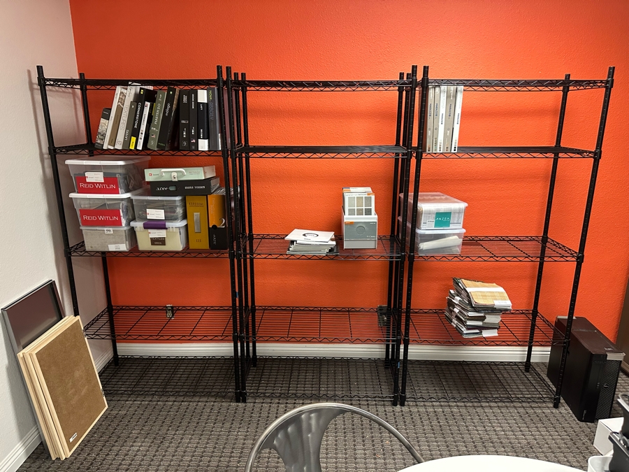Three Black NSF Metal Wire Shelving Units Each Measures 36'W X 16'D X 72.5'H [Photo 1]