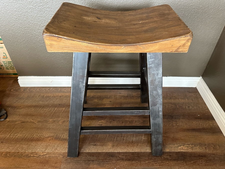 Wooden Saddle Bar Stool With Metal Legs 19.5'W X 13'D X 29'H [Photo 2]