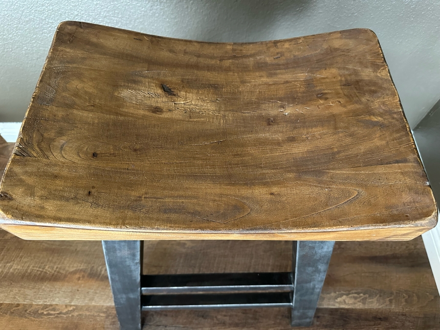 Wooden Saddle Bar Stool With Metal Legs 19.5'W X 13'D X 29'H [Photo 4]