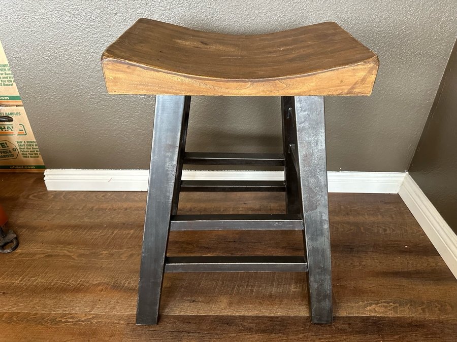 Wooden Saddle Bar Stool With Metal Legs 19.5'W X 13'D X 29'H [Photo 1]