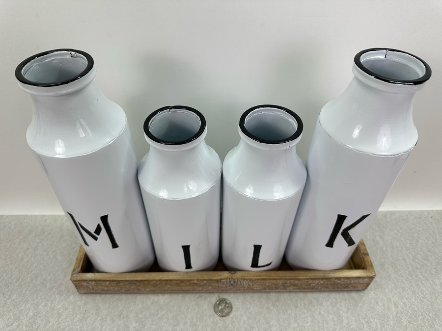 Decorative Metal Milk Bottles With Wooden Tray, New 15.5'W X 12'H [Photo 3]