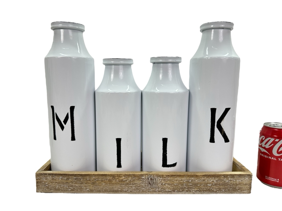 Decorative Metal Milk Bottles With Wooden Tray, New 15.5'W X 12'H [Photo 1]