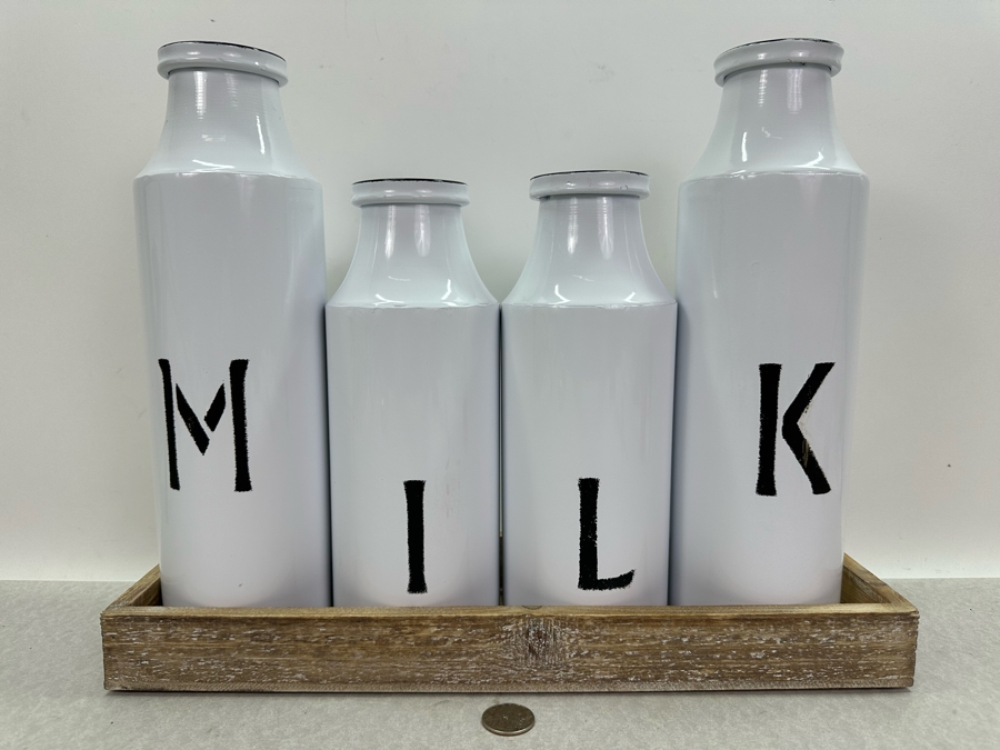Decorative Metal Milk Bottles With Wooden Tray, New 15.5'W X 12'H [Photo 2]