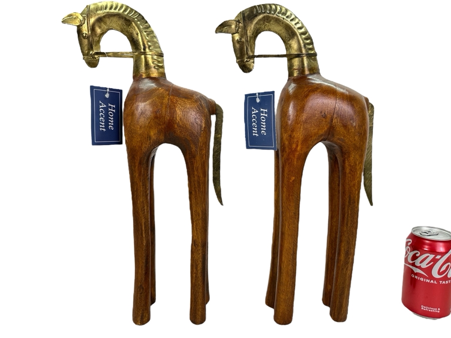 Pair Of Wood & Brass Decorative Horse Sculptures, New 17.5'H [Photo 1]