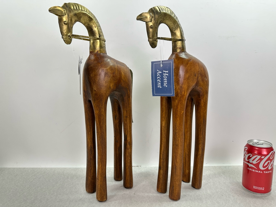 Pair Of Wood & Brass Decorative Horse Sculptures, New 17.5'H [Photo 2]