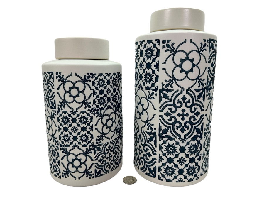 Pair Of Decorative Ceramic Jars With Lids, New 11'H [Photo 1]