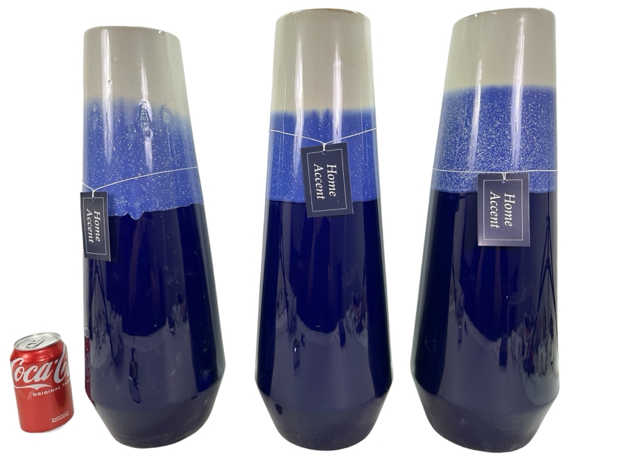 Set Of Three Ceramic Blue Vases, New 20'H [Photo 1]