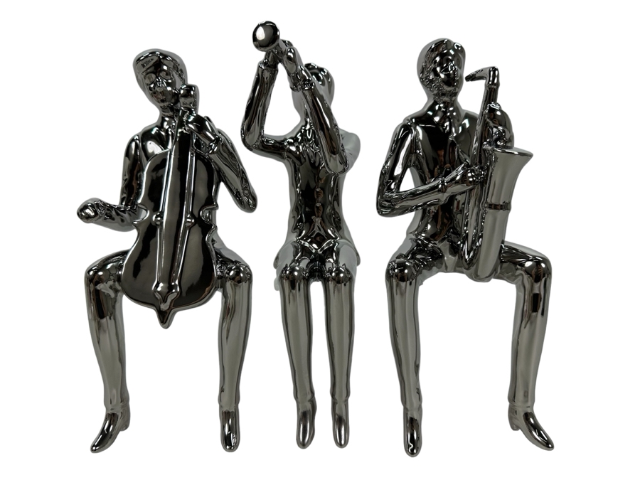 Set Of Three Silver Finish Ceramic Sitting Musician Figurines, New 10'H