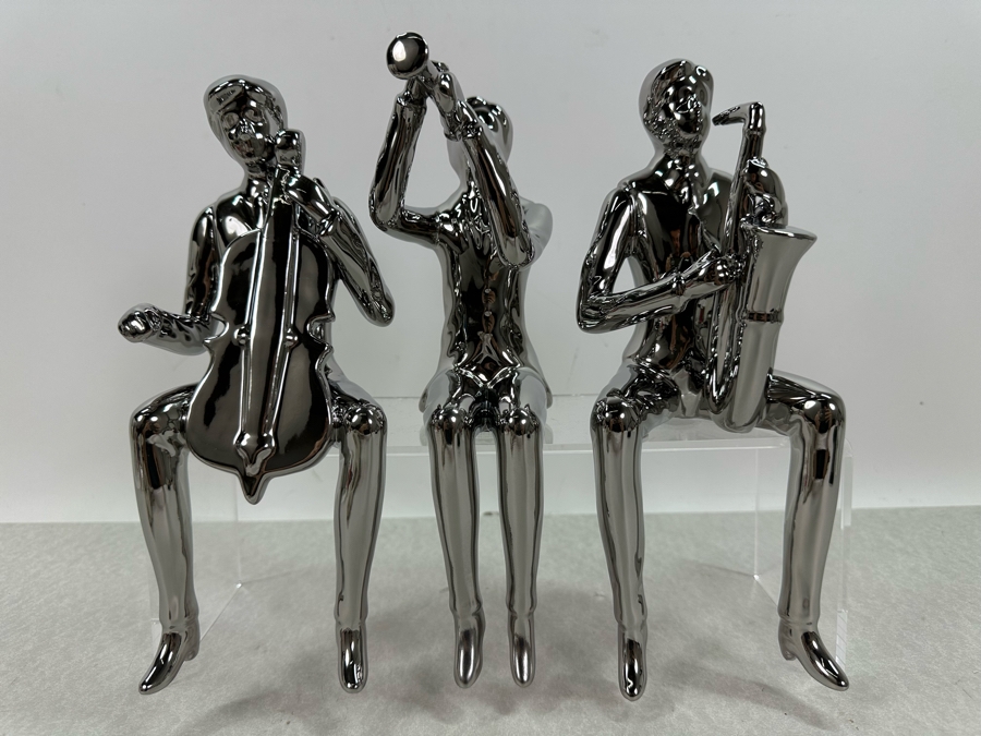 Set Of Three Silver Finish Ceramic Sitting Musician Figurines, New 10'H [Photo 5]