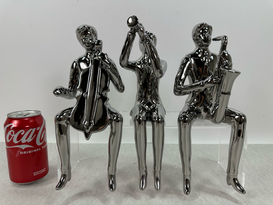 Set Of Three Silver Finish Ceramic Sitting Musician Figurines, New 10'H [Photo 4]