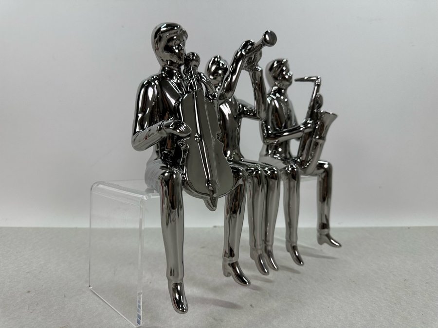 Set Of Three Silver Finish Ceramic Sitting Musician Figurines, New 10'H [Photo 2]