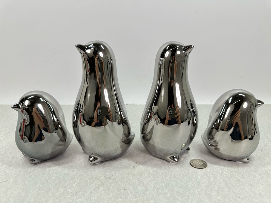 Set Of Four Silver Finish Ceramic Bird Figurines, New 7'H [Photo 4]