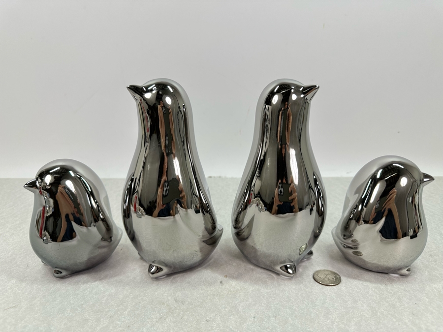 Set Of Four Silver Finish Ceramic Bird Figurines, New 7'H [Photo 3]