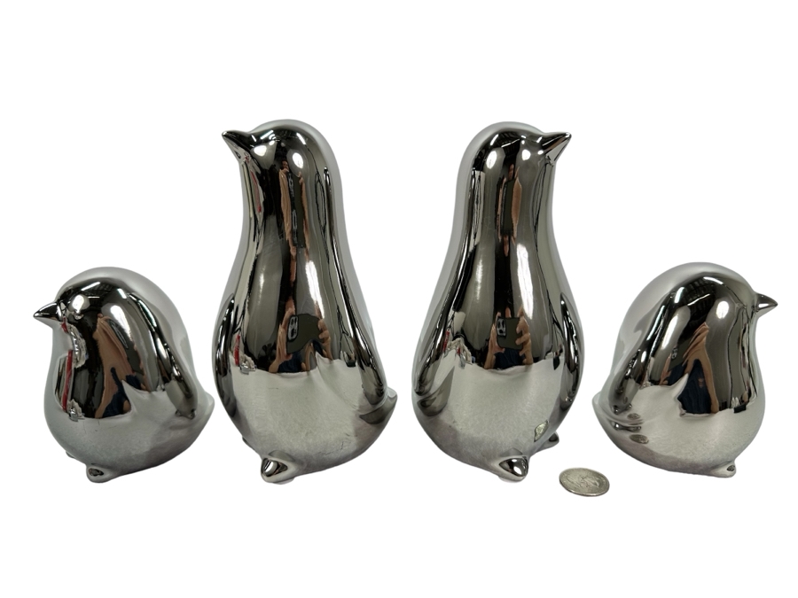 Set Of Four Silver Finish Ceramic Bird Figurines, New 7'H