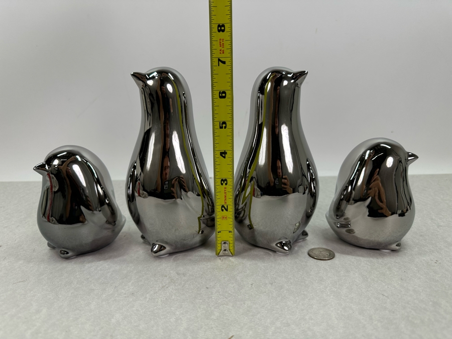 Set Of Four Silver Finish Ceramic Bird Figurines, New 7'H [Photo 5]