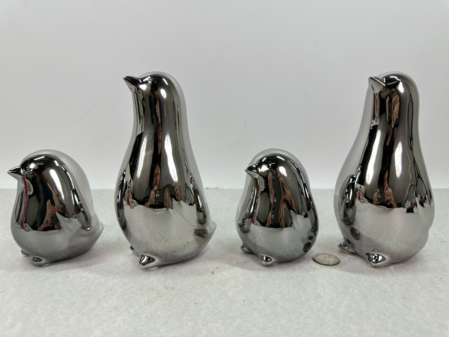 Set Of Four Silver Finish Ceramic Bird Figurines, New 7'H [Photo 2]