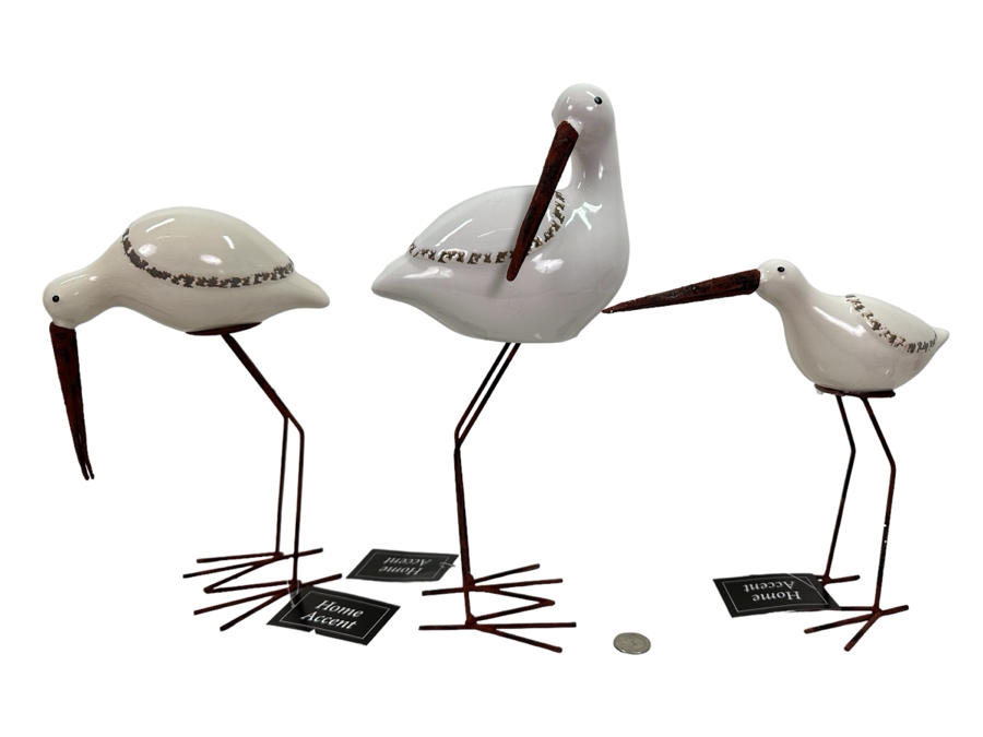 Three Ceramic & Metal Bird Figurines, New 13.5'H