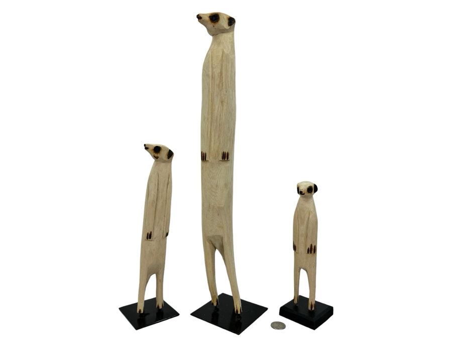 Set Of Three Wooden Meerkat Standing Sculptures, New 20'H