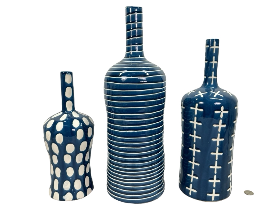 Three Blue Ceramic Vases, New 18'H [Photo 1]