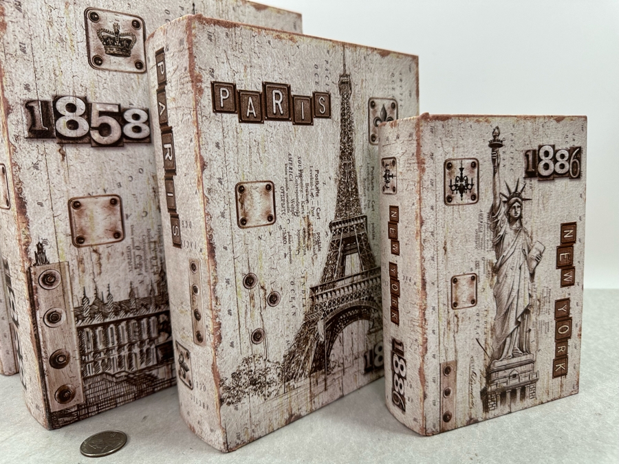 Just Added - Two Sets Of Nesting Paris France Faux Book Safes, New 10.5'H [Photo 2]