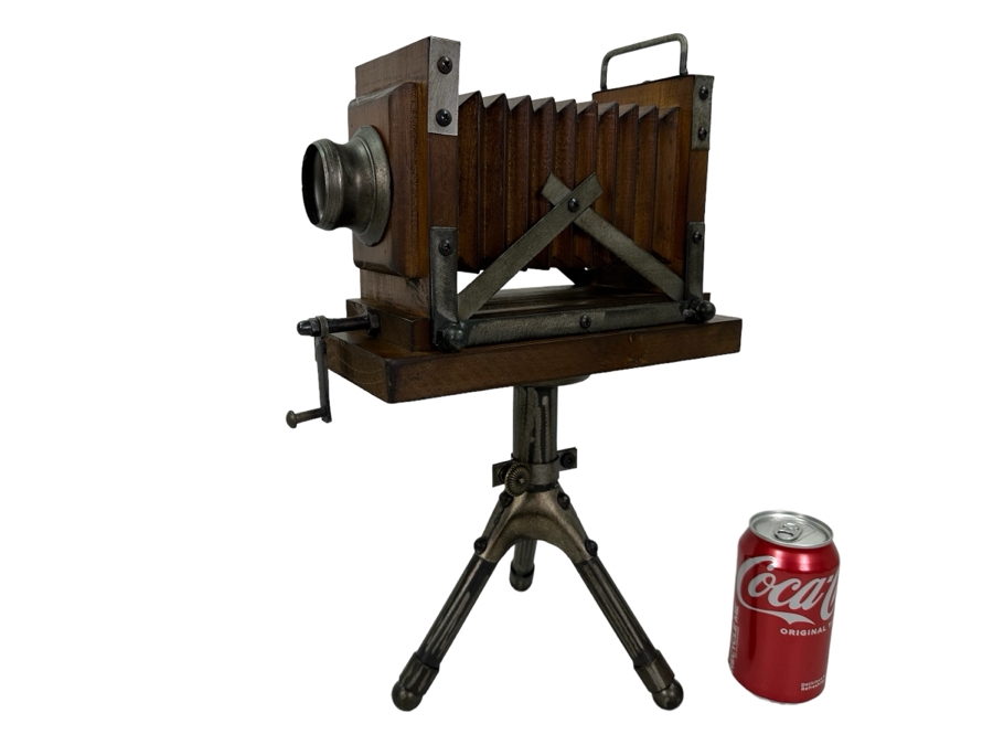Decorative Vintage Faux Wood & Metal Bellows Camera With Tripod, New 12'W X 18'H [Photo 1]