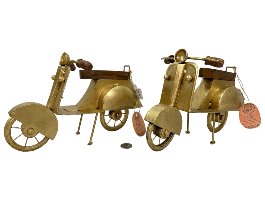 Pair Of Handcrafted Decorative Wood & Metal Motorcycle Sculptures, New 11'W X 7'H